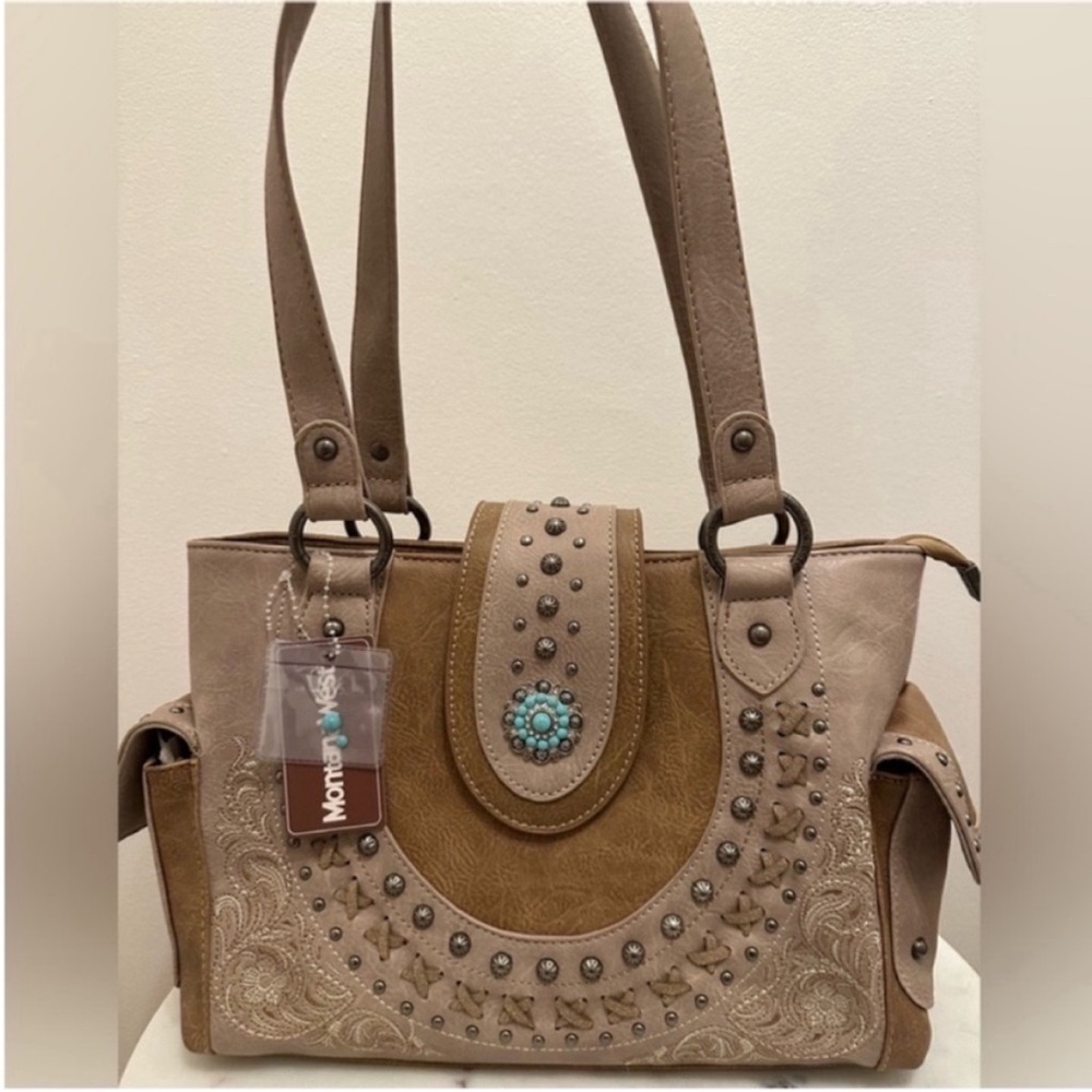 NWT Montana West Taupe Western Shoulder Bag Purse w/ Turquoise Concho - Picture 3 of 13